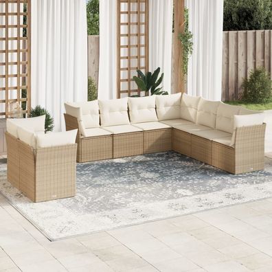 vidaXL 9-tlg. Garten-Sofagarnitur mit Kissen Beige Poly Rattan