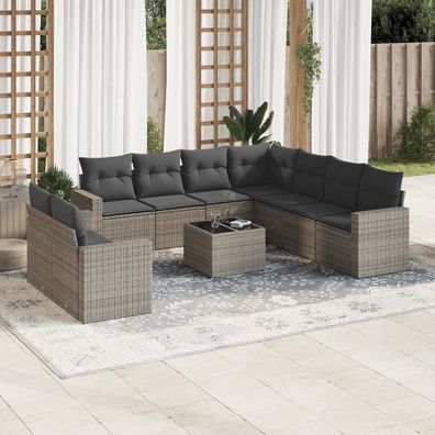 vidaXL 10-tlg. Garten-Sofagarnitur mit Kissen Grau Poly Rattan