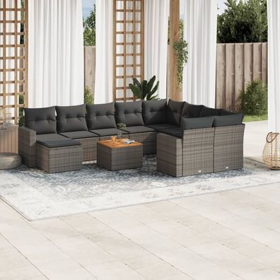 vidaXL 11-tlg. Garten-Sofagarnitur mit Kissen Grau Poly Rattan