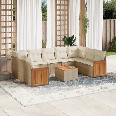 vidaXL 10-tlg. Garten-Sofagarnitur mit Kissen Beige Poly Rattan