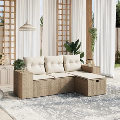 vidaXL 4-tlg. Garten-Sofagarnitur mit Kissen Beige Poly Rattan