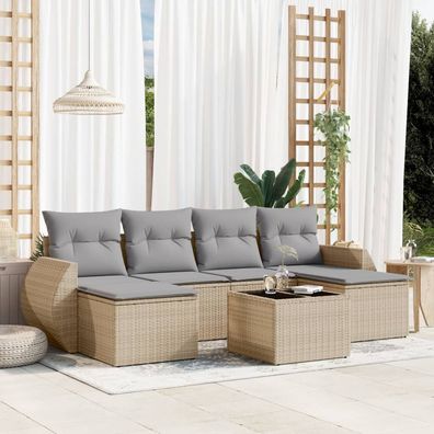 vidaXL 7-tlg. Garten-Sofagarnitur mit Kissen Beige Poly Rattan