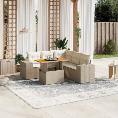 vidaXL 6-tlg. Garten-Sofagarnitur mit Kissen Beige Poly Rattan