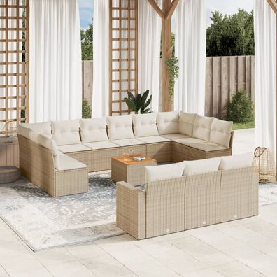 vidaXL 14-tlg. Garten-Sofagarnitur mit Kissen Beige Poly Rattan