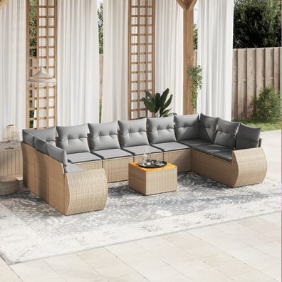 vidaXL 11-tlg. Garten-Sofagarnitur mit Kissen Beige Poly Rattan