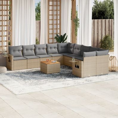 vidaXL 11-tlg. Garten-Sofagarnitur mit Kissen Beige Poly Rattan