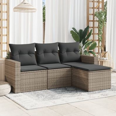 vidaXL 4-tlg. Garten-Sofagarnitur mit Kissen Grau Poly Rattan