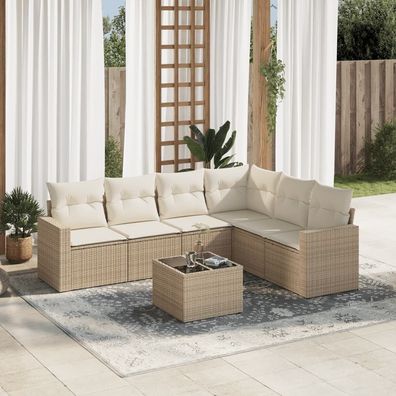 vidaXL 7-tlg. Garten-Sofagarnitur mit Kissen Beige Poly Rattan