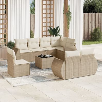 vidaXL 9-tlg. Garten-Sofagarnitur mit Kissen Beige Poly Rattan