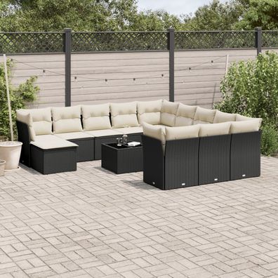 vidaXL 13-tlg. Garten-Sofagarnitur mit Kissen Schwarz Poly Rattan