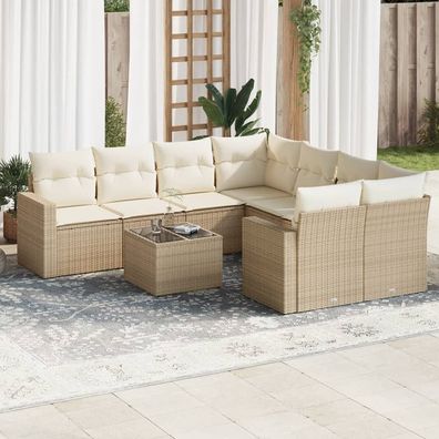 vidaXL 9-tlg. Garten-Sofagarnitur mit Kissen Beige Poly Rattan