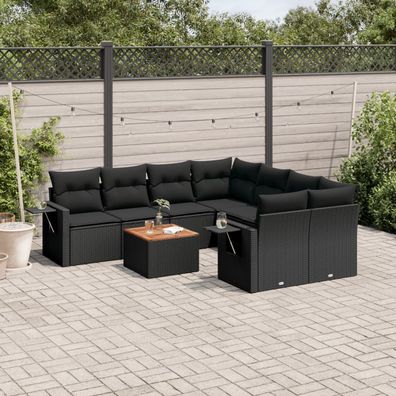 vidaXL 9-tlg. Garten-Sofagarnitur mit Kissen Schwarz Poly Rattan