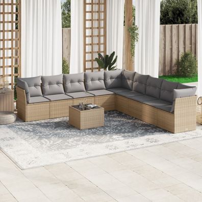 vidaXL 10-tlg. Garten-Sofagarnitur mit Kissen Beige Poly Rattan