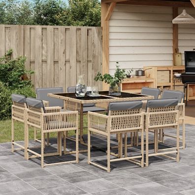 vidaXL 9-tlg. Garten-Essgruppe mit Kissen Beigemischung Poly Rattan