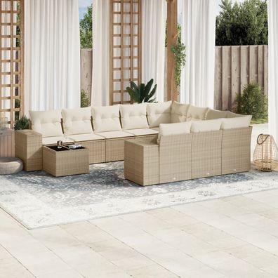 vidaXL 11-tlg. Garten-Sofagarnitur mit Kissen Beige Poly Rattan