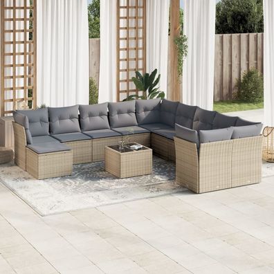 vidaXL 12-tlg. Garten-Sofagarnitur mit Kissen Beige Poly Rattan