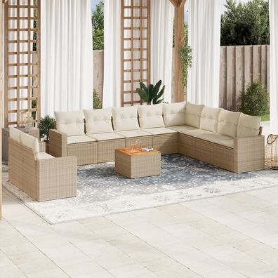 vidaXL 11-tlg. Garten-Sofagarnitur mit Kissen Beige Poly Rattan