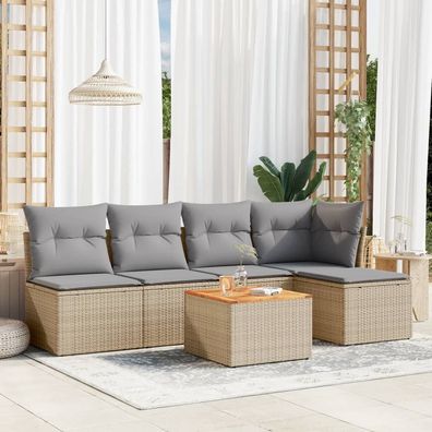 vidaXL 6-tlg. Garten-Sofagarnitur mit Kissen Beige Poly Rattan