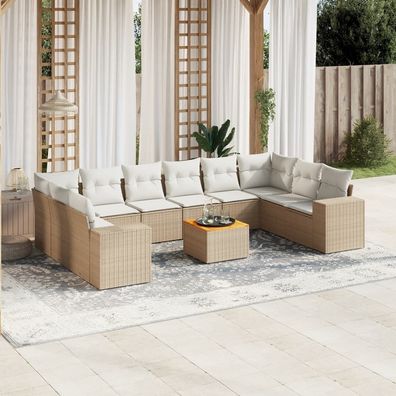 vidaXL 11-tlg. Garten-Sofagarnitur mit Kissen Beige Poly Rattan