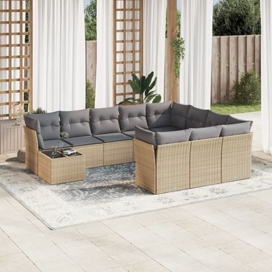 vidaXL 11-tlg. Garten-Sofagarnitur mit Kissen Beige Poly Rattan