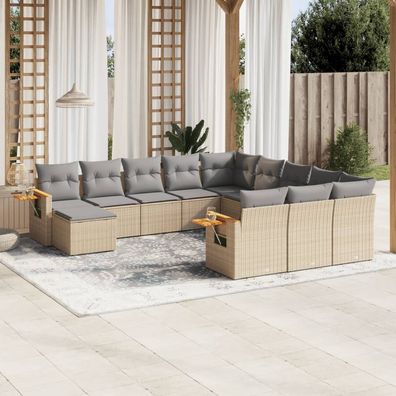 vidaXL 11-tlg. Garten-Sofagarnitur mit Kissen Beige Poly Rattan