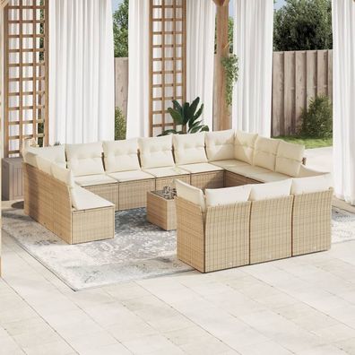 vidaXL 14-tlg. Garten-Sofagarnitur mit Kissen Beige Poly Rattan