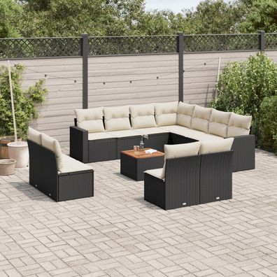 vidaXL 12-tlg. Garten-Sofagarnitur mit Kissen Schwarz Poly Rattan