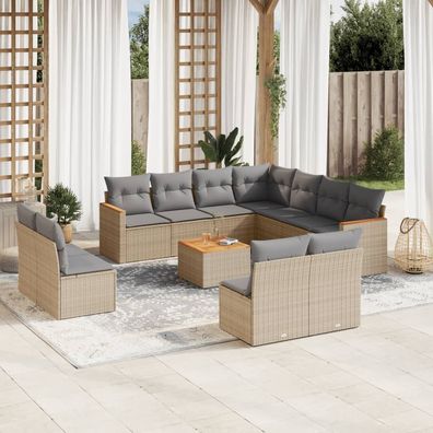 vidaXL 12-tlg. Garten-Sofagarnitur mit Kissen Beige Poly Rattan