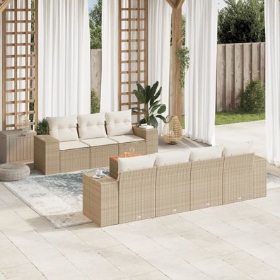 vidaXL 8-tlg. Garten-Sofagarnitur mit Kissen Beige Poly Rattan