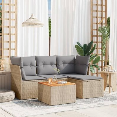 vidaXL 5-tlg. Garten-Sofagarnitur mit Kissen Beige Poly Rattan