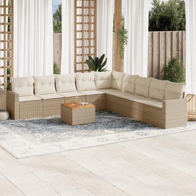 vidaXL 10-tlg. Garten-Sofagarnitur mit Kissen Beige Poly Rattan