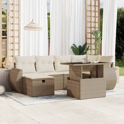 vidaXL 7-tlg. Garten-Sofagarnitur mit Kissen Beige Poly Rattan