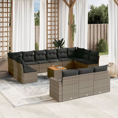 vidaXL 14-tlg. Garten-Sofagarnitur mit Kissen Grau Poly Rattan