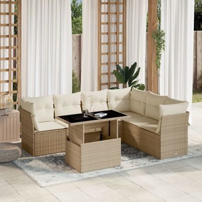 vidaXL 7-tlg. Garten-Sofagarnitur mit Kissen Beige Poly Rattan