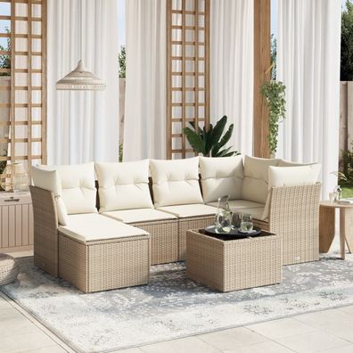 vidaXL 7-tlg. Garten-Sofagarnitur mit Kissen Beige Poly Rattan