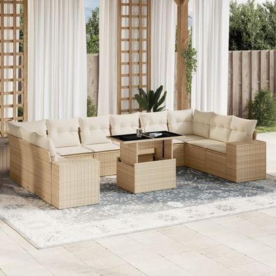 vidaXL 11-tlg. Garten-Sofagarnitur mit Kissen Beige Poly Rattan