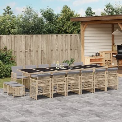 vidaXL 17-tlg. Garten-Essgruppe mit Kissen Beige Poly Rattan