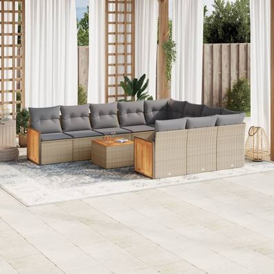 vidaXL 11-tlg. Garten-Sofagarnitur mit Kissen Beige Poly Rattan