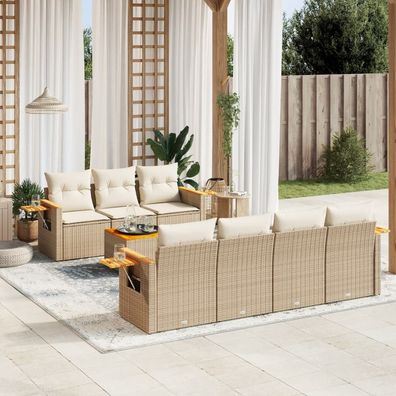 vidaXL 8-tlg. Garten-Sofagarnitur mit Kissen Beige Poly Rattan