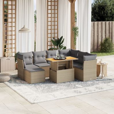 vidaXL 8-tlg. Garten-Sofagarnitur mit Kissen Beige Poly Rattan