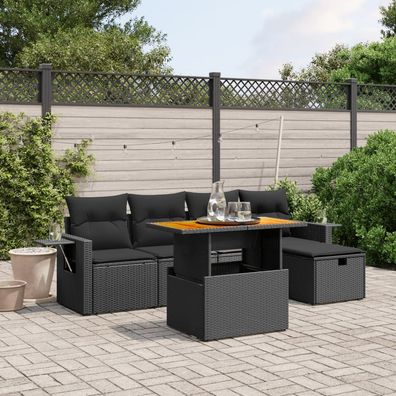 vidaXL 6-tlg. Garten-Sofagarnitur mit Kissen Schwarz Poly Rattan