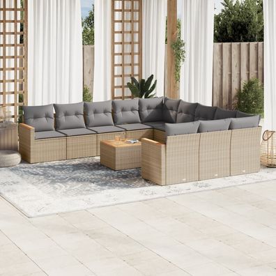 vidaXL 12-tlg. Garten-Sofagarnitur mit Kissen Beige Poly Rattan