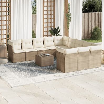 vidaXL 12-tlg. Garten-Sofagarnitur mit Kissen Beige Poly Rattan