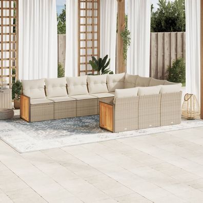 vidaXL 10-tlg. Garten-Sofagarnitur mit Kissen Beige Poly Rattan