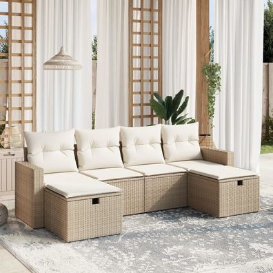 vidaXL 6-tlg. Garten-Sofagarnitur mit Kissen Beige Poly Rattan