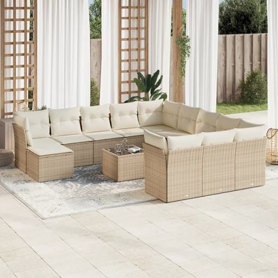 vidaXL 13-tlg. Garten-Sofagarnitur mit Kissen Beige Poly Rattan