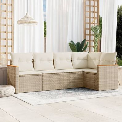 vidaXL 5-tlg. Garten-Sofagarnitur mit Kissen Beige Poly Rattan