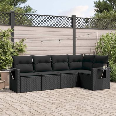 vidaXL 5-tlg. Garten-Sofagarnitur mit Kissen Schwarz Poly Rattan