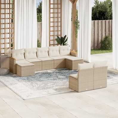 vidaXL 9-tlg. Garten-Sofagarnitur mit Kissen Beige Poly Rattan