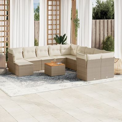 vidaXL 12-tlg. Garten-Sofagarnitur mit Kissen Beige Poly Rattan